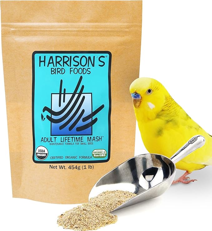 Harrison's Bird Foods Adult Lifetime Mash- Certified Organic, Non-GMO, Maintenance Formula for Healthy Birds, Minimally Processed Powdered Food for Parrots, Conures, Budgies, Lovebirds etc 454g / 1lb