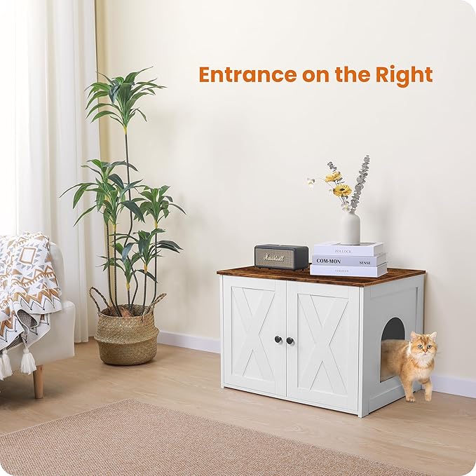 Dwanton Litter Box Enclosure, Cat Litter Box Furniture Hidden, Reversible Entrance Can Be on Left or Right Side, Wooden Cat Washroom Indoor, White and Rustic Brown, 27.6 Inches