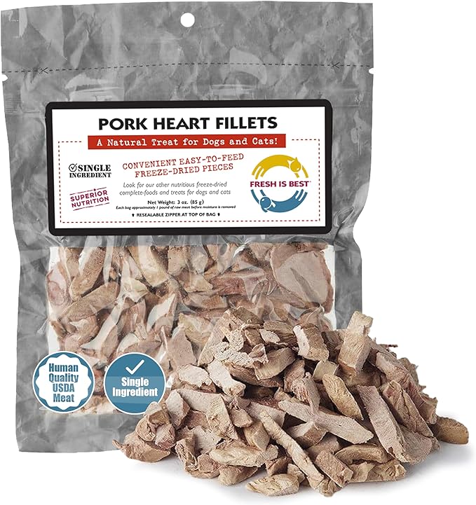Fresh Is Best Freeze Dried Dog Treats – Raw Freeze Dried Treats for Dogs & Cats in Resealable Zipper Bag – High-Protein Single Ingredient Pork Heart Fillets – Made in The USA