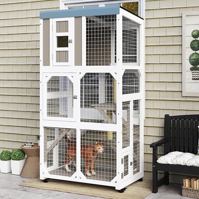 Catio Outdoor Cat Enclosure,Outdoor Cats House with 5 Platforms & Space Capsule,Wooden Cat Catio Cats Enclosure with Weatherproof Oxford Cloth Roof & 4 Wheels,Grey