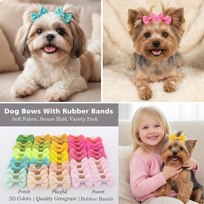 Dog Hair Bows Puppy Hair Bows Small Mini Rubber Bands Pet Grooming Accessories 60pcs (30 Pairs)