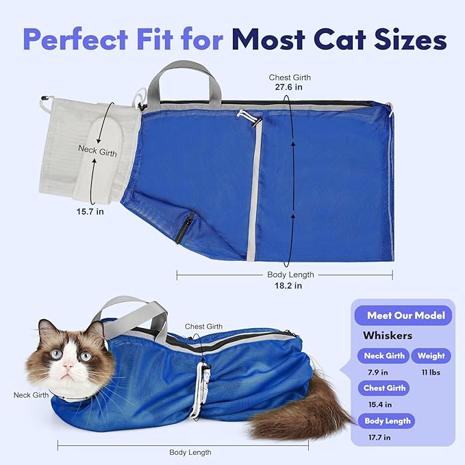 Cat Bathing Bag Anti Scratch Bite Breathable Mesh - Adjustable Cat Grooming Bag for Nail Trimming, Injections, Medication, Dental Care, Vet Visits, Cats Shower Bag with Zippers,Blue