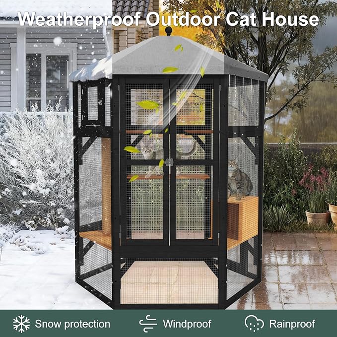 Catio Outdoor Cat Enclosure,Large Cat House Kitty Cage,Indoor Outdoor Cats Outside Patio for Cats with Window Access & Waterproof Roof, Multiple Platforms & Scratching Post, 65" Black