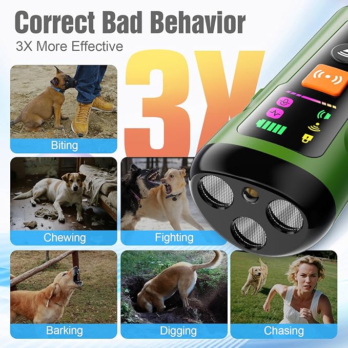 Dog Bark Deterrent Devices, 3X Anti Barking Device for Dogs Ultrasonic Dog Training, Up to 50FT Bark Control Barking Silencer, Correct Bad Behavior Indoor Outdoor Portable Dog Barking Stopper (Green)