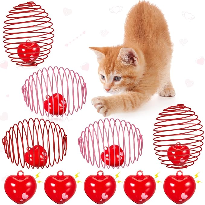 Jecery 5 Pcs Cat Spring Balls Toys Stretchable Rolling Balls Colorful Playful Coils Interactive Action Toy Caged Rats for Kitten Pet Supplies (Heart Bel,Pink Red)