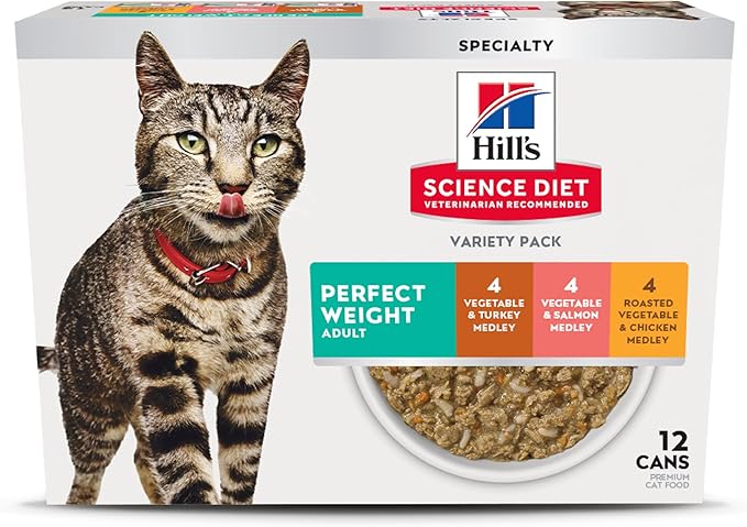 Hill's Science Diet Adult 1-6 Perfect Weight Wet Cat Food, Variety Pack: Vegetable Chicken, Turkey, & Salmon, 2.9 oz. Cans, 12-Pack