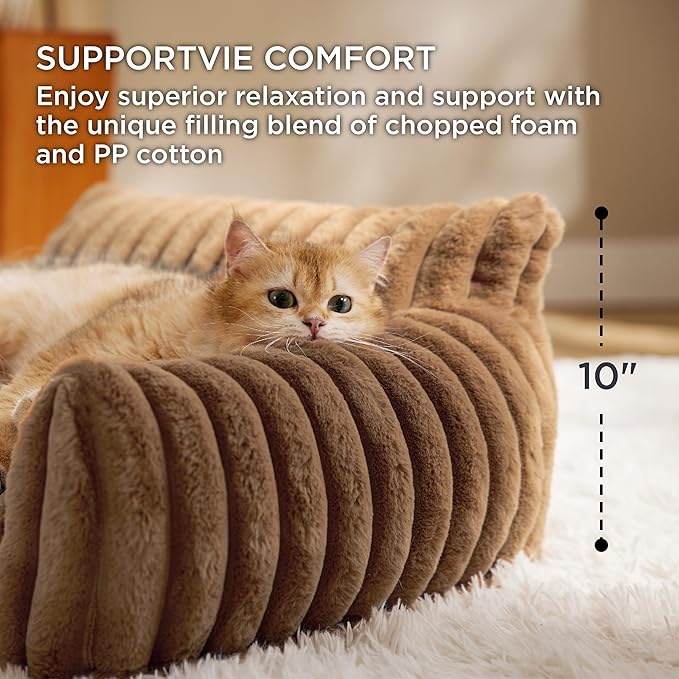 Bedsure ComfyFleece™ Cute Cat Couch for Pets - As Seen on TV on Good Day New York, Small Medium Dog Bed, Supportive Couch Bed for Small Dogs, 30 Inch, Camel Brown
