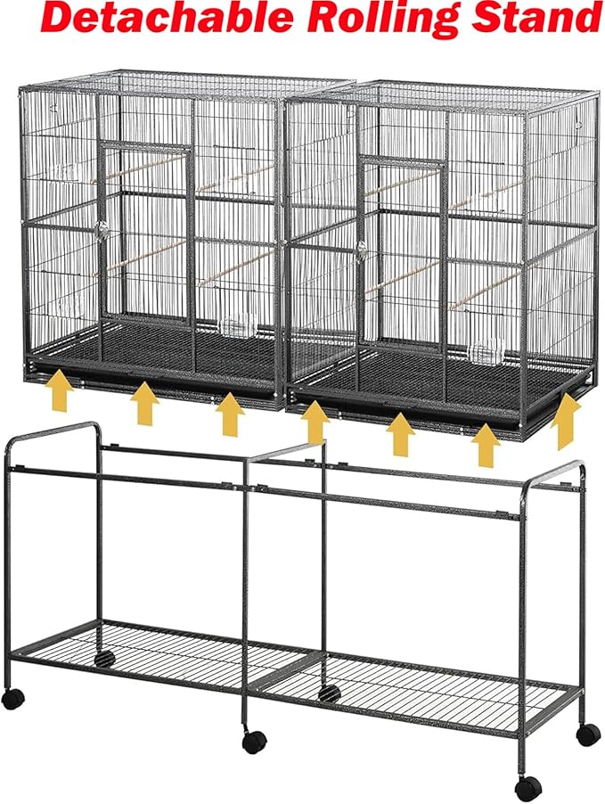 54" Large Double Breeding Flight Bird Wrought Iron Double Parrot Bird Cage Slide Out Center Divider Side Nesting Doors Cockatiel Conure Removalbe Rolling Stand