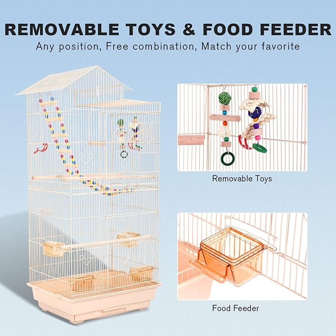 HCY Bird Cage 39 Inch Bird Cages for Parakeets Roof Top Large Flight Parrot Cage with Toys for Small Medium Birds,Cockatiel,Parakeets,Parrot,Lovebirds,Finch,Canary Bird Cage(Almond), 17''Lx13''W''39H