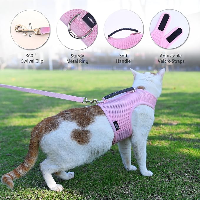 Kitty Harness and Leash for Walking Escape Proof Breathable Mesh Fabric, Solid Pink, X-Small, Adjustable Cat Walking Jackets with Handle, Padded Stylish Cat Vest