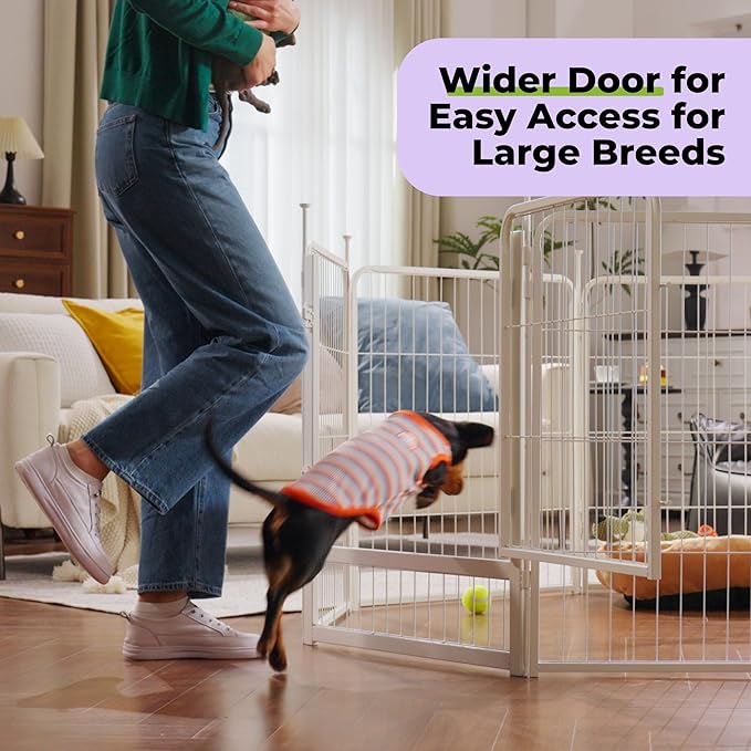 SunsGrove Indoor Dog Playpen, 45 Inch 6 Panels with Wider Door for Large Dogs, Easy Setup Anti-Rust Pet Fence, White