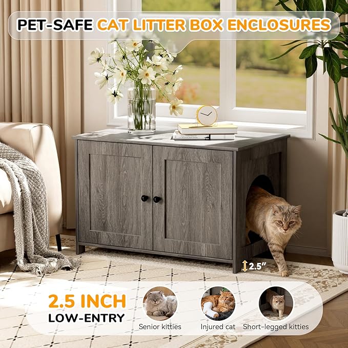 Cat Litter Box Enclosure Furniture Dog Proof, Hidden Kitty Washroom Low Entry, Wooden Cat Boxes Enclosure Odor Control for Home, Farmhouse Style Decorative Cabinet with Storage,Oak Grey