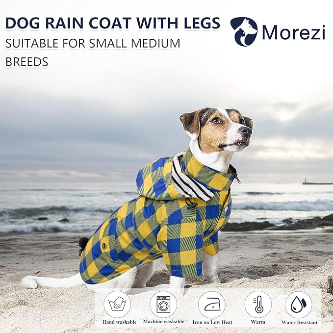 Dog rain Coat Waterproof Raincoat Puppy Jacket with Legs Buttons Zipper Hood Drawstring Fit for Yorkie Terrier Schnauzer Poodle Border Collie Labrador Golden Retriever 8lbs to 80lbs Yellow M