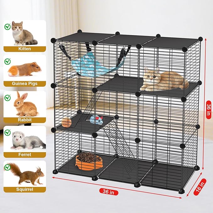 Cat Cage, 3-Tier DIY Catio Cat Enclosures, 36" x 16" x 36" Cat Playpen Indoor & Outdoor with Hammock, Detachable Metal Wire Kennel Cats Crate, 3x1x3 Exercise Place for 1-2 Kitten/Squirrel