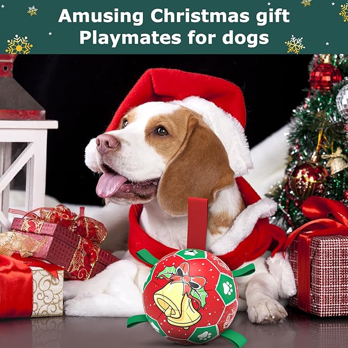 QDAN Christmas Dog Balls with Straps, Squeaky Dog Toys for Indoor Outdoor Playing, Puppy Birthday Gifts, Pet Toy Ball, Durable Herding Balls for Dogs (8 Inch)
