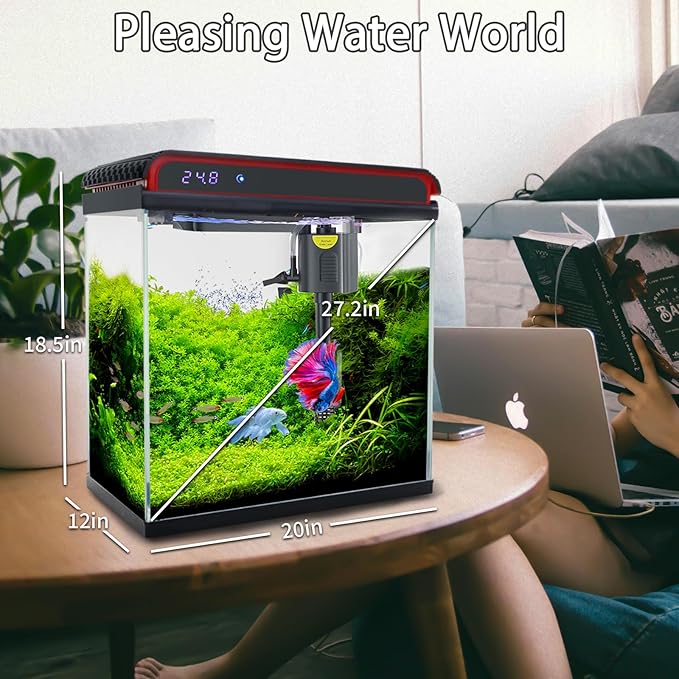20 Gallon Fish Tank Smart Aquarium Kit, Glass Small Aquarium Starter Kits Self Cleaning with 3 Types of LED Lights and Filter Water Pump, Water Temperature Detection Ultra Quiet Gift for Kid