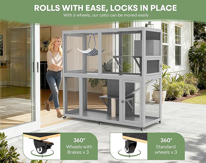 Catio Indoor Cat Enclosure on Wheels, 2-Tier Large Cat Catio for Multiple Cats, Wooden Kitty Cage with Resting Box, Platform, Sunshine Roof, Grey