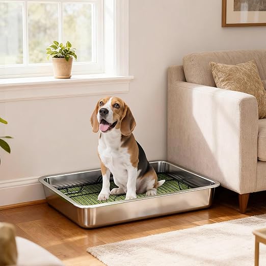 PawHut Dog Potty Tray Stainless Steel, Puppy Training Tray for Small and Medium Breeds, Indoor Dog Pee Pad Holder with Elevated Grid, Easy to Clean, for Porch, Bathroom, Balcony, 28" x 20" x 4"