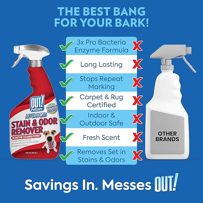 OUT! PetCare Pet Odor & Stain Remover Spray, Carpet & Floor Cleaner, Deodorizer for Dogs & Cats, Made in USA, 32 fl oz (2 Pack)