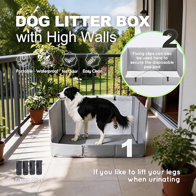 Dog Litter Box, Pee Pad Holder Foldable, Indoor Dog Potty Tray for Puppy & Medium Dogs, High Walls, Seamless, No Assembly, Waterproof, Easy to Clean, No Spill,Portable for Travel