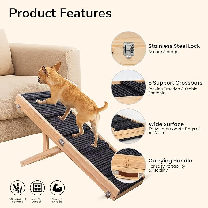 Upgraded 2026 Adjustable Dog Ramp 34.65" Foldable Pet Ramp with 5 Heights 13.6–21.5", Non-Slip Carpet & Leather Handle – Ramp for Bed, Couch & Sofa