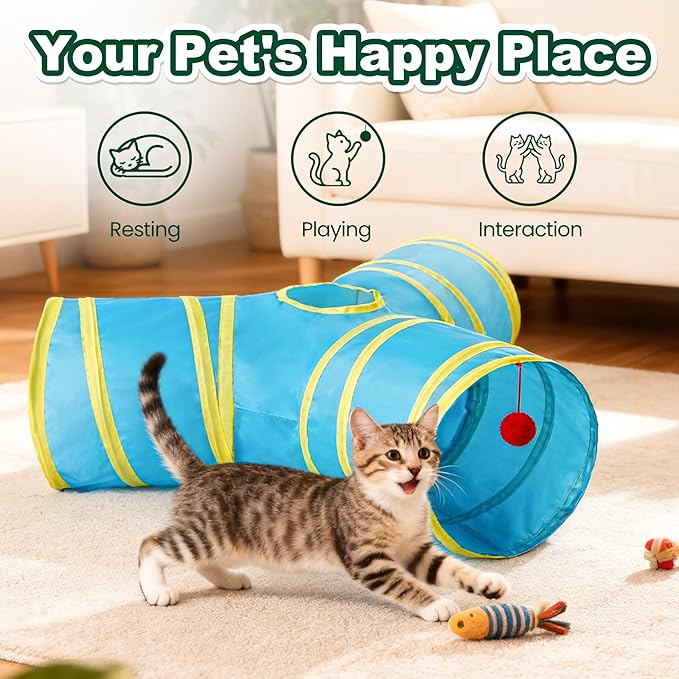 Love’s Cabin Cat Tunnel for Indoor Cats, 3-Way Collapsible Play Tunnel with Teaser Wand, Peek Holes & Toy Ball, Small Pet Toy for Kittens & Rabbits, Blue & Yellow, Small Size