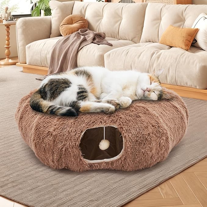 Cat Tunnels for Indoor Cats, Cute Donut Turnel Toys for Small Large Cats with Washable Circle Cushion，3-in-1 Foldable Playground & Cozy Cave Bed for, Kittens Puppy Rabbits