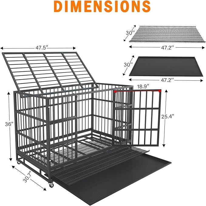48 inch Heavy Duty Indestructible and Escape-Proof Dog Crate Cage Kennel for Large Dogs, High Anxiety Dog Crate with Removable Wire Trays and Wheels, Extra Large XL XXL, Black