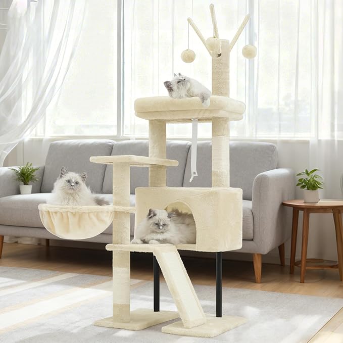 Cat Tree for Indoor Cats, Cat Tower with Scratching Post for Small Cats and Kittens, Cat House with Removable Top Platform and Fluffy Balls, Hanging Cat Basket, Beige GCT006SM
