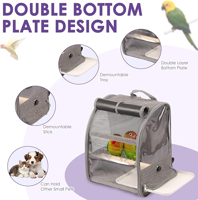 Bird Carrier Backpack, Breathable Bird Travel Backpack Set with Standing Perch and Tray, Pet Transparent Breathable Travel Cage, Pet Travel Cage for Cockatiels, Parrots, Hiking