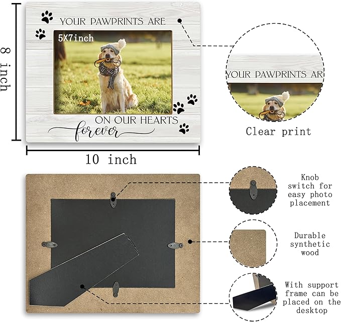 FONDCANYON Your Pawprints are Forever in Our Heart Pet Memory Picture Photo Frame,Pet Dog Cat Memorial Picture Frames,Pet Loss Sympathy Gift(5x7 Inch Photo)(Color2)