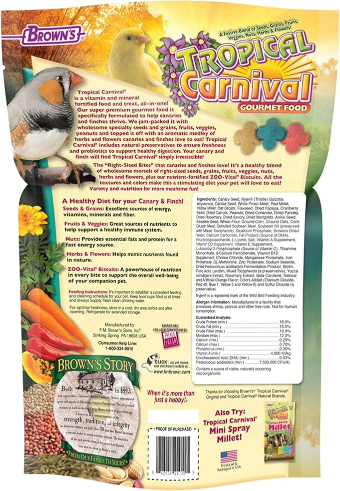 F.M. Brown's Tropical Carnival Gourmet Canary and Finch Food, 1.5-lb Bag - Vitamin-Nutrient Fortified Daily Diet with Fruits, Veggies, Grains, Seeds, Herbs, and Flowers