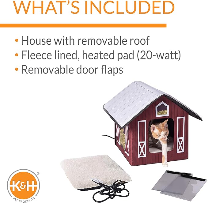 K&H Pet Products Heated Outdoor Cat House for Outside Pets in Winter, Weatherproof Outdoor House for Ferals, Insulated Kitty Shelter, 2 Doors, Waterproof Heated Cat Bed, Safety Listed - Barn 20W