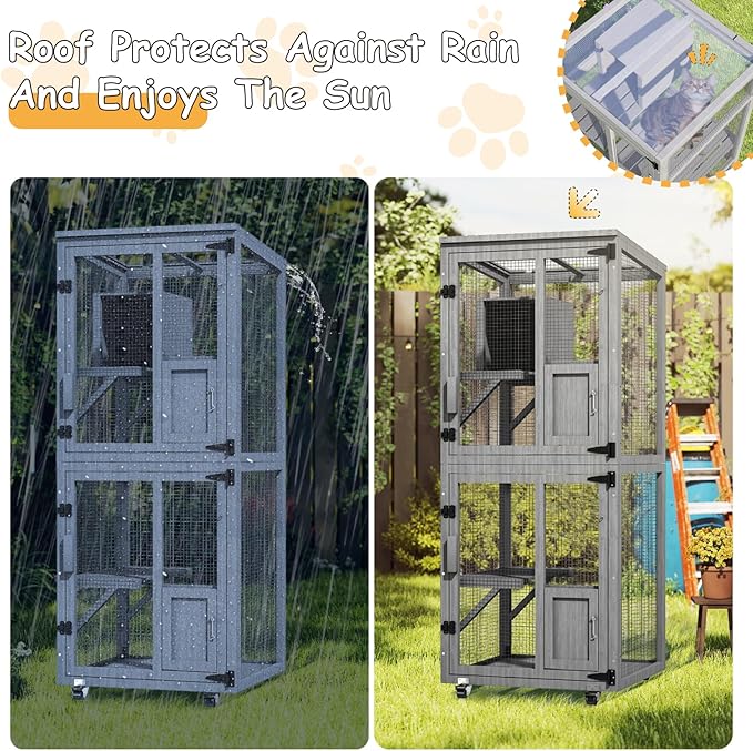 2 in 1 Catio Outdoor Cat Enclosure, 4 Tier Outdoor Cats House with 4 Wheels, Cat Enclosure Window Access with Removable Floor, Upgraded Resting Box, Waterproof Roof, Indoor Pet Cage, Grey