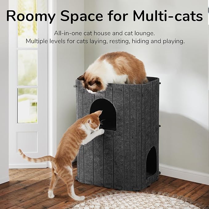 FUKUMARU Cat House for Indoor Cats, 23.62 Inch Large Cat Bed Cave Condo, 2-Storey Cozy Felt Covered Cats Tunnel Kitten Hideaway for Multicats, Scratch Resistant, Dark Grey