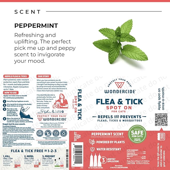 Wondercide - Flea and Tick Cat Spot On - Flea, Tick, and Mosquito Repellent, Prevention for Cats with Natural Essential Oils - Pet and Family Safe Up to 3 Months Protection - 3 Tubes of 0.03 oz