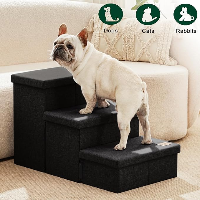 Love's cabin Dog Stairs with Storage, 3 Steps Wider Dog Steps for High Bed 18" H, Foldable Pet Stairs for Small Medium Large Dogs Cats for Bed Couch Car, Ramp with Zip up to 200 lbs, Black