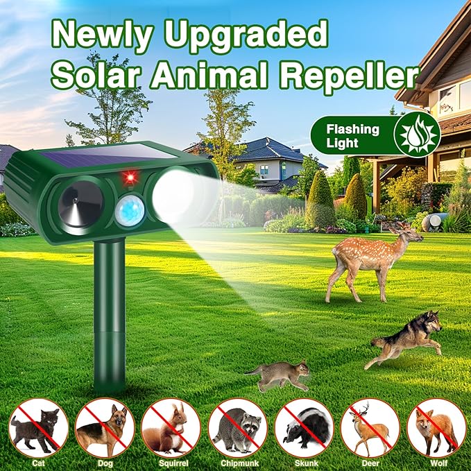 2026 Cat Repellent Outdoor Solar Ultrasonic Animal Repellent Outdoor with Motion Activated Deterrent&LED Flash Lights Deer Repellent Devices to Scare Squirrel Rabbit Raccoon Skunk for Yard Lawn(2Pack)
