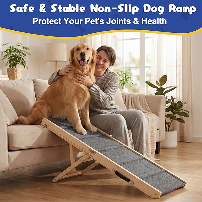 Dog Ramp for Bed & Couch - Extra 51.2" Long Adjustable Height 9.5" to 24" Wooden Non-Slip Pet Ramp, Portable Foldable Doggie Car Ramp for Small Medium Large Dogs, 200 LBS Load