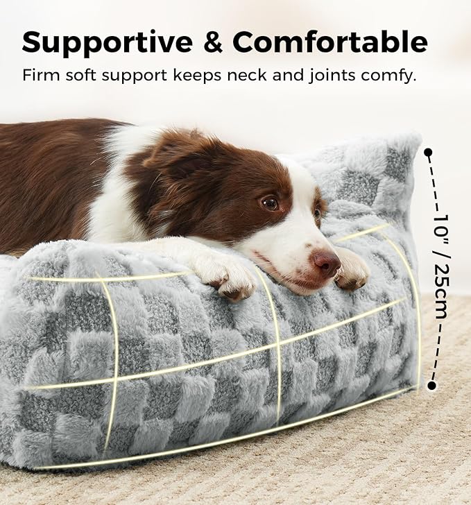 Made4Pets Dog Couch Bed, Soft Faux Fur Checkered Indoor Pet Sofa, Comfortable Fluffy Dog Sofa with Supportive Foam, Removable Washable Cover with Non-Slip Base, Grey, Large