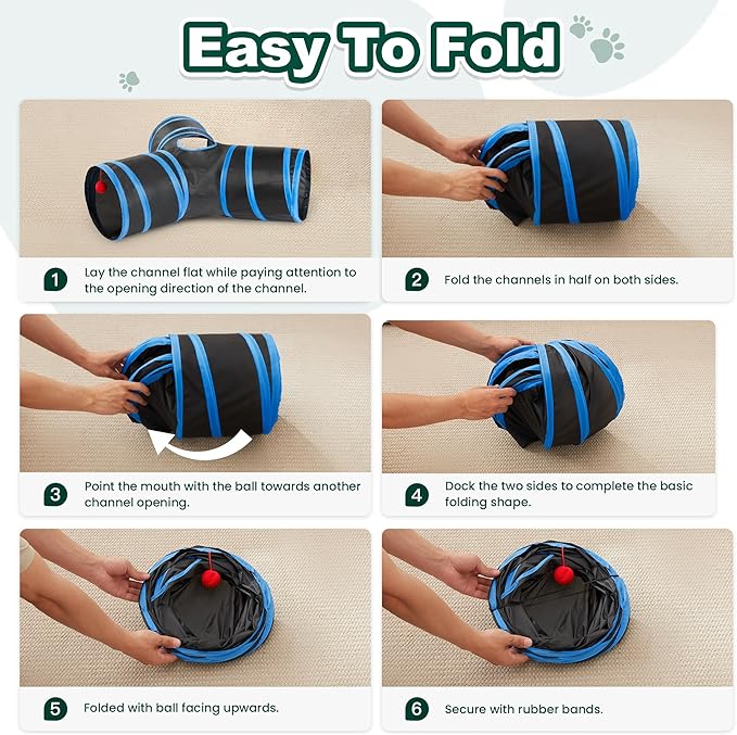 Love’s Cabin Cat Tunnel for Indoor Cats, 3-Way Collapsible Play Tunnel with Teaser Wand, Peek Holes & Toy Ball, Small Pet Toy for Kittens & Rabbits, Black & Royal Blue, Small Size