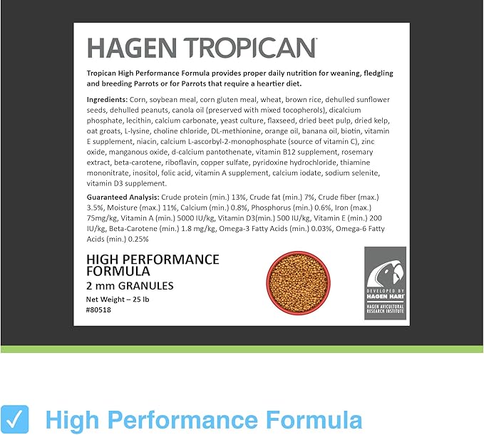HARI Tropican Bird Food, Hagen Parrot Food with Peanuts & Sunflower Seeds, Parrot Granules for Small Parrots, High Performance 2 mm, 25 lb Bag (packaging may vary)