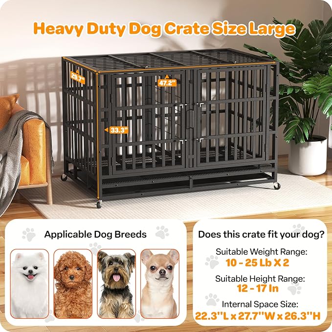 48 Inch Heavy Duty Dog Crate, Indestructible Escape-Proof Dog Kennel for High Anxiety Large Dogs, Strong Metal Pet Cage with Double Doors, Lockable Wheels & Removable Tray, XL XXL XXXL