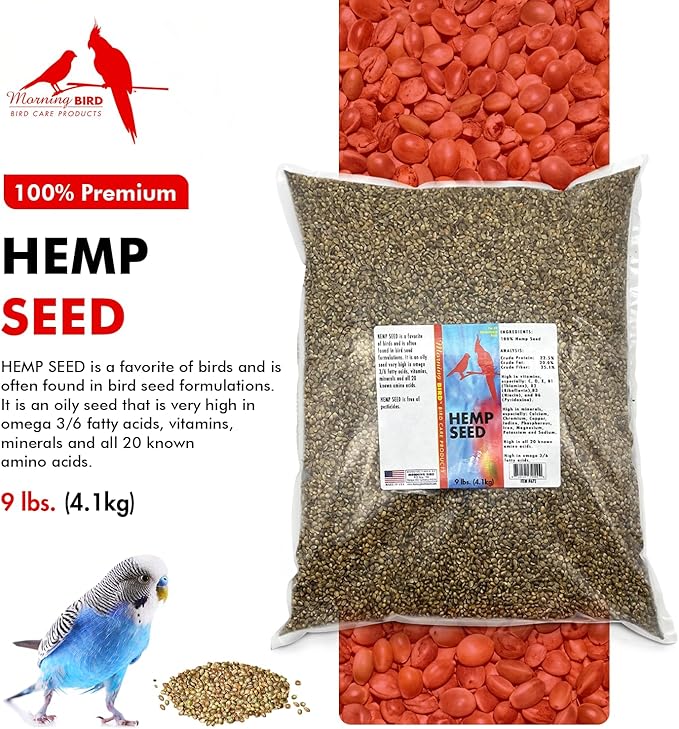 Morning Bird Hemp Seeds 9 lbs– High in Natural Protein, Healthy Fats, Omega 3 and 6 Fatty Acids, Delicious Natural Flavor, Supports Feather Growth & Overall Health
