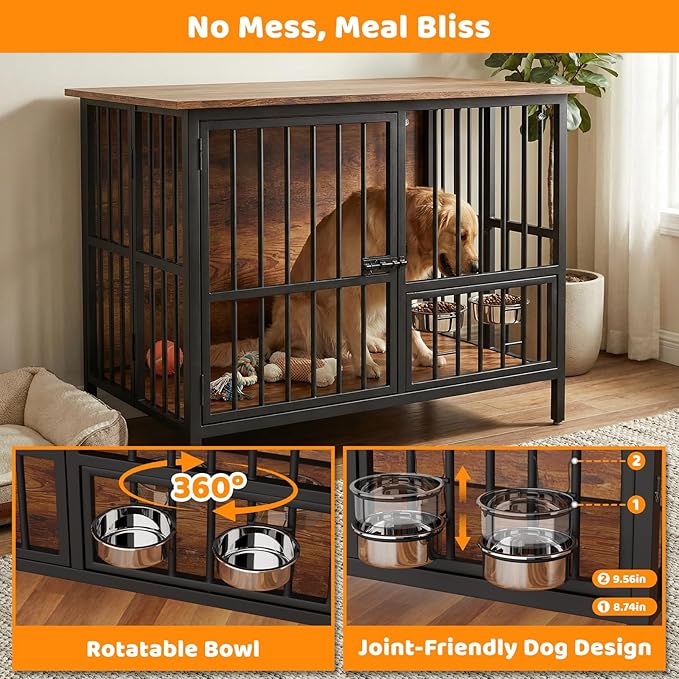 41.5" Dog Crate Furniture, Assembly-Free Dog Crates for Large and Medium Dogs, Foldable Dog Kennel Indoor with Adjustable Dog Bowls, Wooden Dog Cage Use as End Table, Pet House for Decorative Indoor