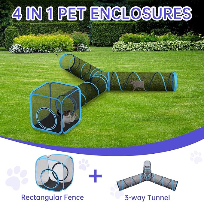 Outdoor Cat Enclosures for Cats Indoor, Patio Portable Mesh Cat Tunnel, Playhouse with Free Carry Bag for Multiple Cats and Small Animals, Blue + Black
