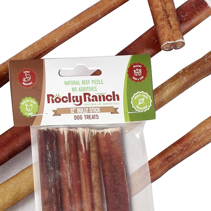 Rocky Ranch, 12" Dog Bully Sticks, Beef Flavor, 5.68 oz, Adult Dog, Natural Chew Treats, Dental Care, High Protein, 4 Count. No Additives