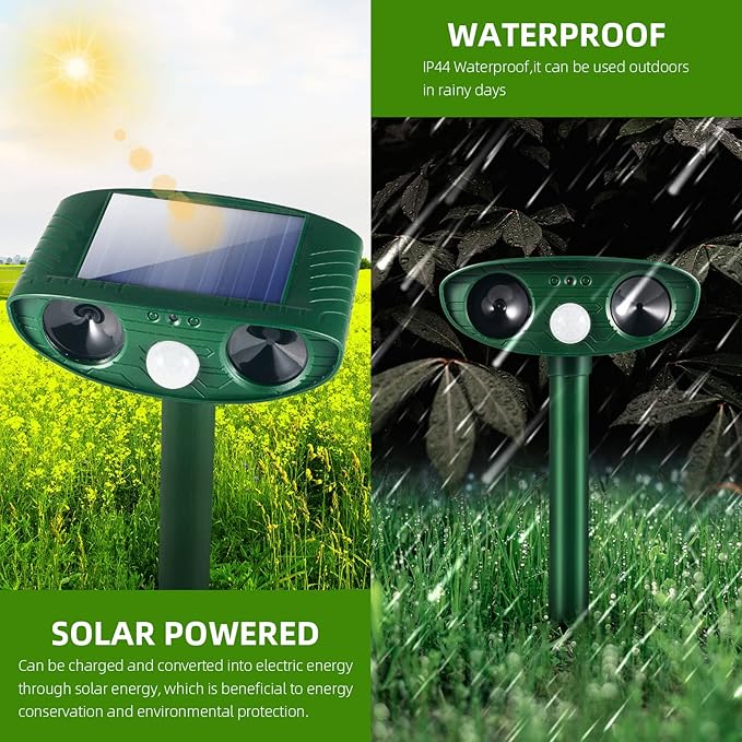 2 Pcs Solar Ultrasonic Animal Repeller Outdoor Squirrel Cat Deer Repellent Devices Waterproof with Motion Sensor,Effective Against Dog,Raccoon,Skunk,Rabbit,Coyote Deterrent for Yard Garden Protection