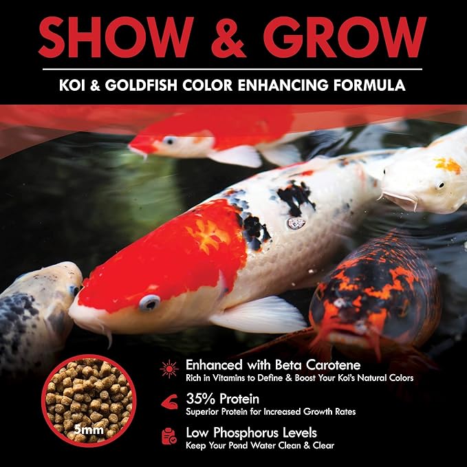 HALF OFF PONDS Show & Grow Koi Fish Food - 50 lb Floating Pellets, 5mm Size - Goldfish Food for Ponds - 35% Protein with Beta Carotene & Vitamins - Enhances Color Vibrancy & Body Definition