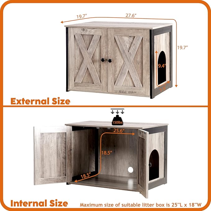 Dwanton Litter Box Enclosure, Cat Litter Box Furniture Hidden, Reversible Entrance Can Be on Left or Right Side, Wooden Cat Washroom Indoor, Greige, 27.6 Inches